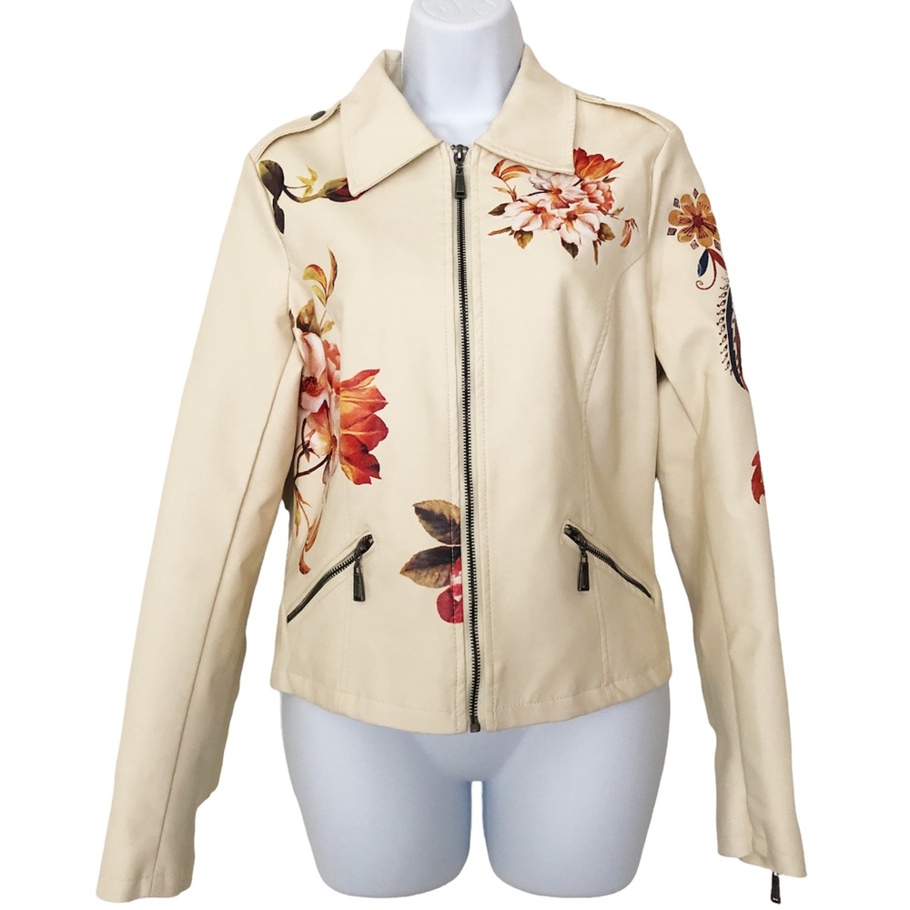 odyn Vegan Leather Scuba Jacket Cream With Floral Print Size Small Clean!